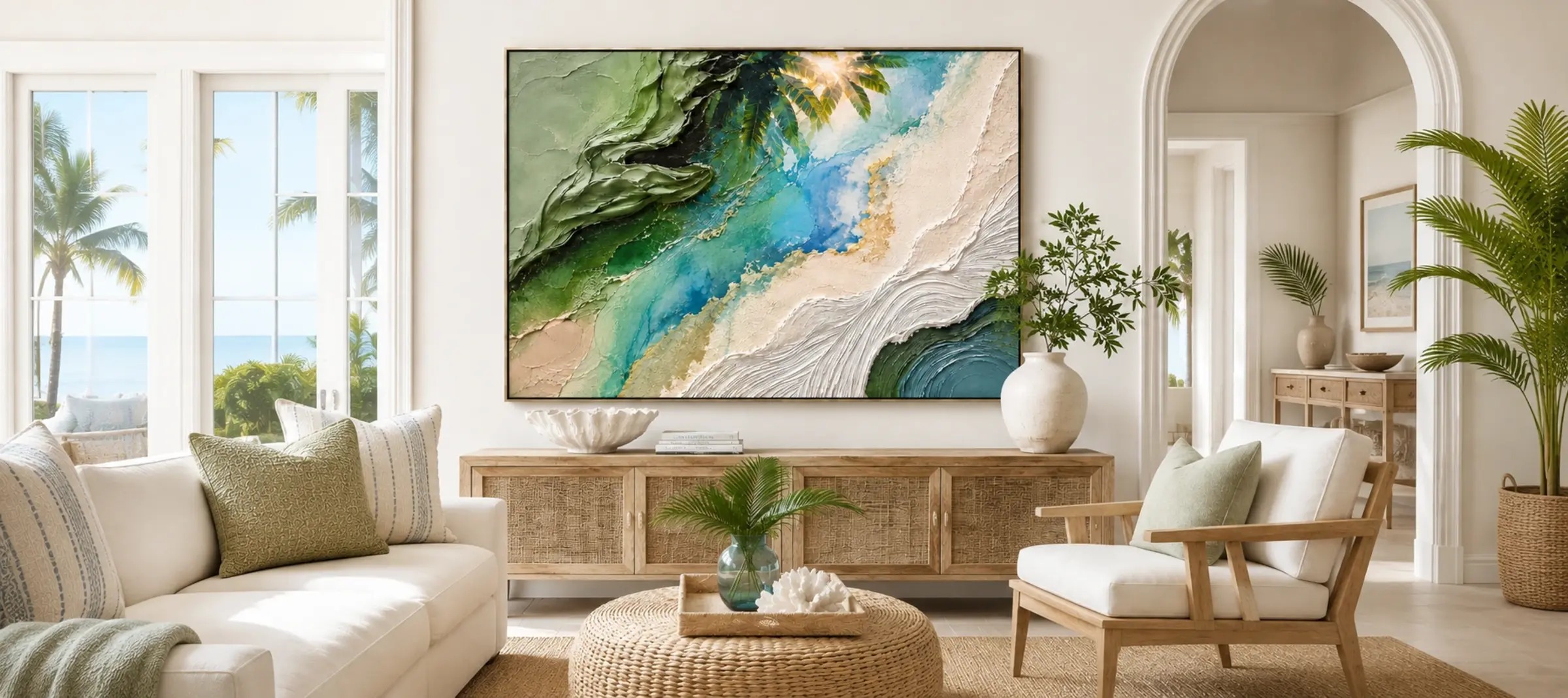 Hand-painted wall art in a modern living room