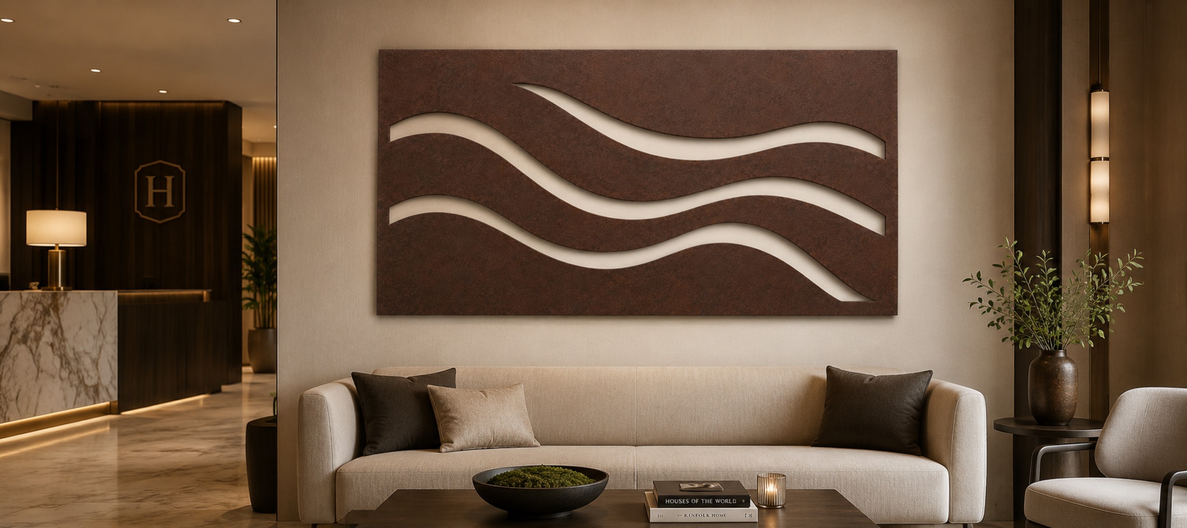 Dimensional metal wall art in a bright loft